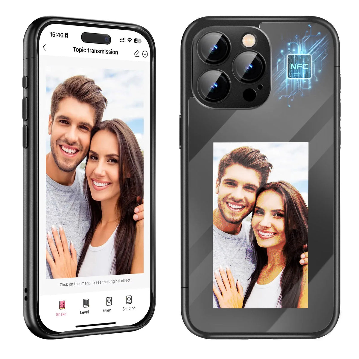 iPhone 15 Pro Max NFC ink screen flip phone case in black with DIY customisation elements visible