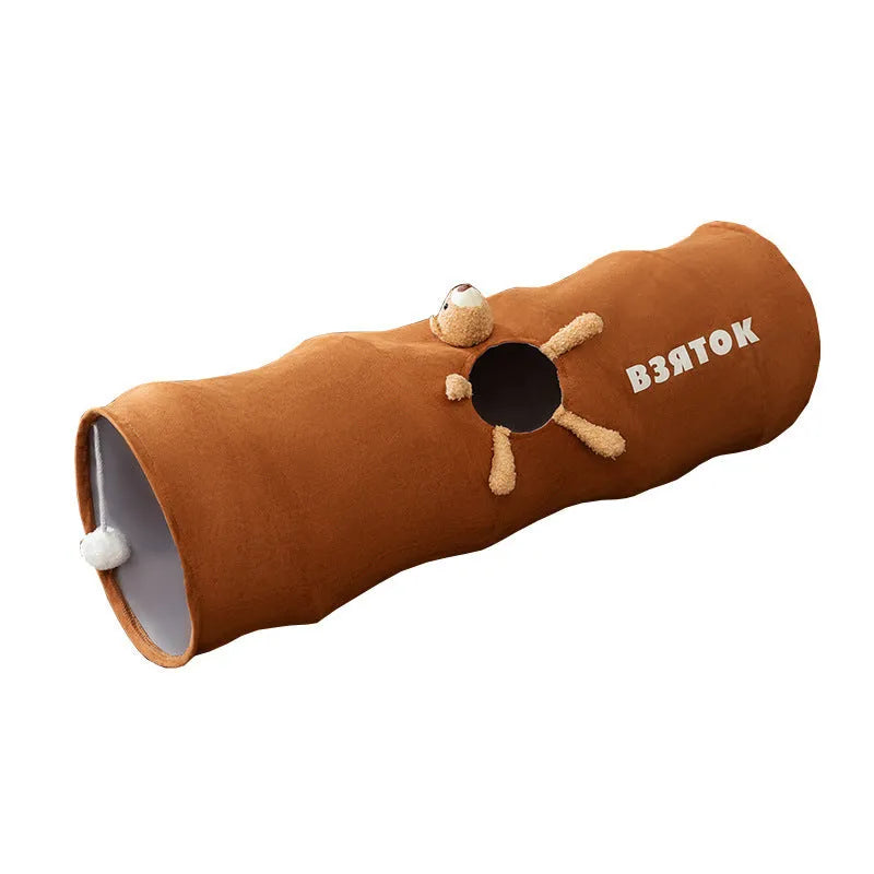 Foldable straight cat tunnel toy in polyester taffeta, brown bear or grey, 0.8m or 1.2m