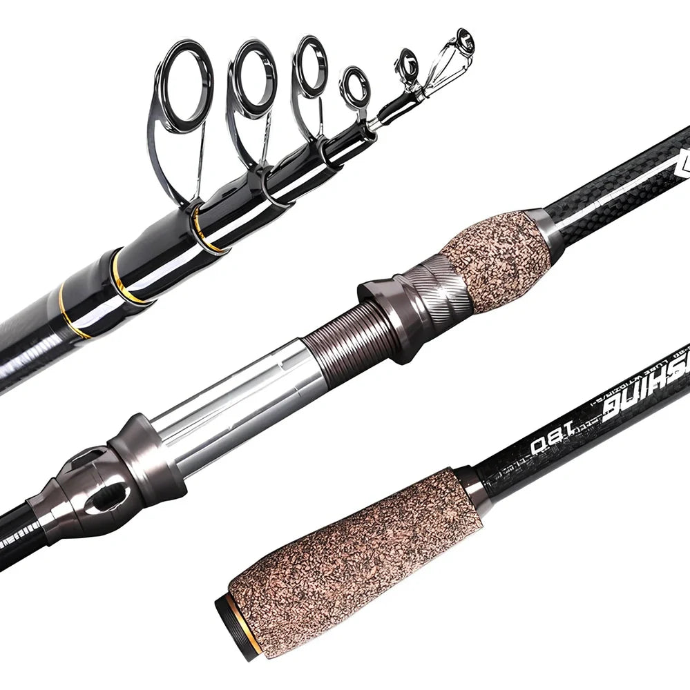 Carbon telescopic sea fishing rod extended and collapsed showing four length options