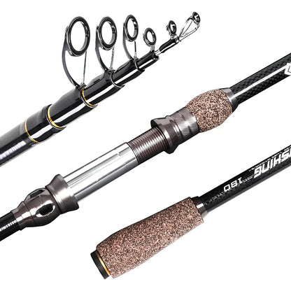 Carbon telescopic sea fishing rod extended and collapsed showing four length options