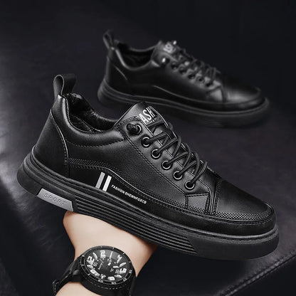 Men's low-top black and white skateboard shoes with elastic band and rubber sole.