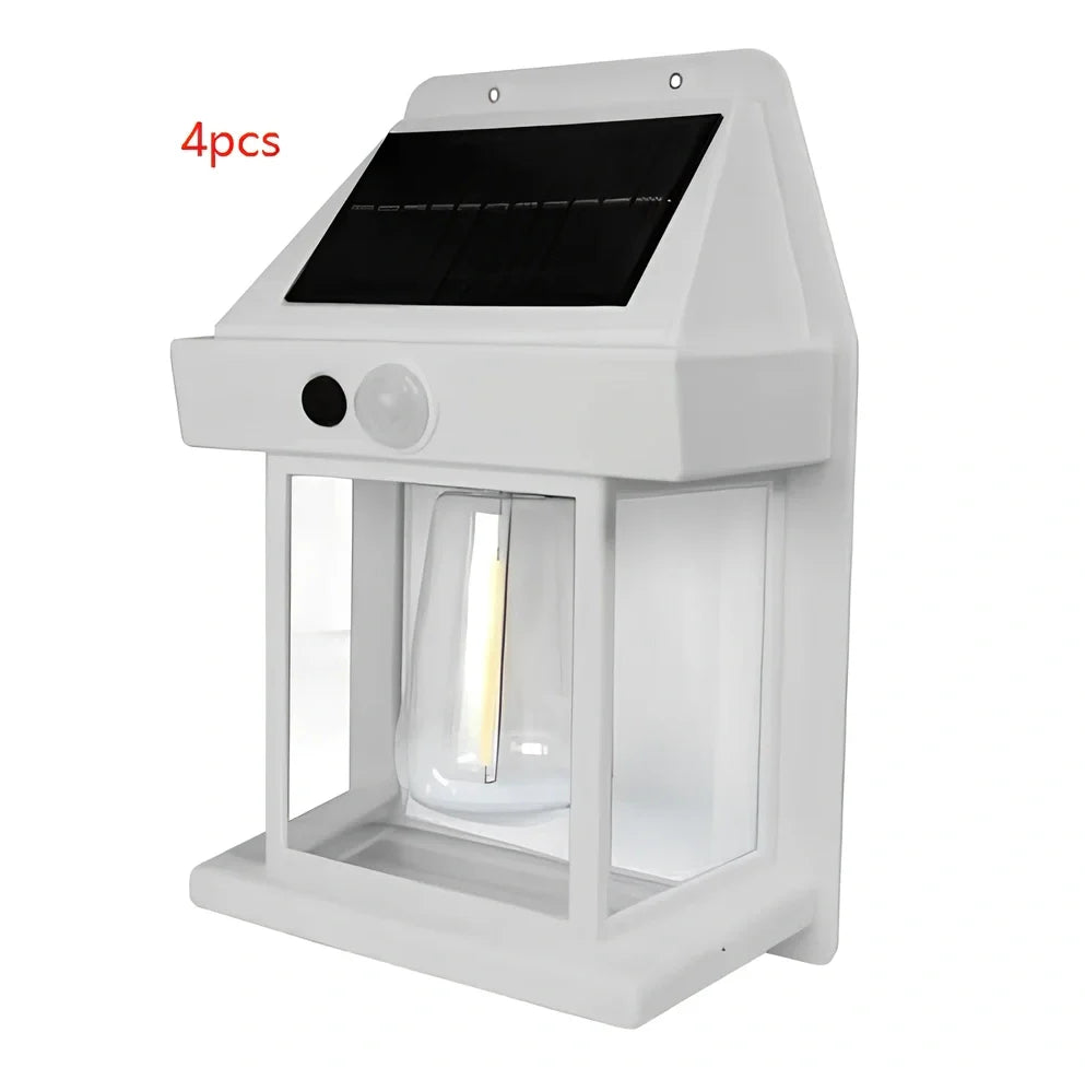 Black solar garden wall lamp with waterproof IP65 rating and automatic light sensor for outdoor installation