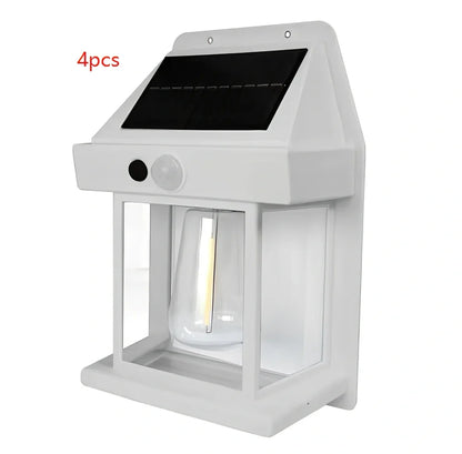 Black solar garden wall lamp with waterproof IP65 rating and automatic light sensor for outdoor installation