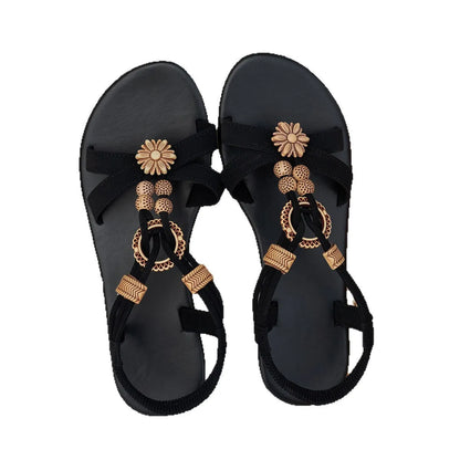 Black ethnic style women's beach sandals with beaded weave, rhinestone decoration, and elastic band closure