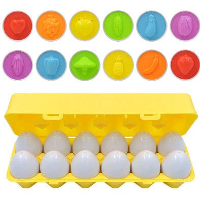 Educational shape matching egg toy with 12 colourful plastic eggs in storage case