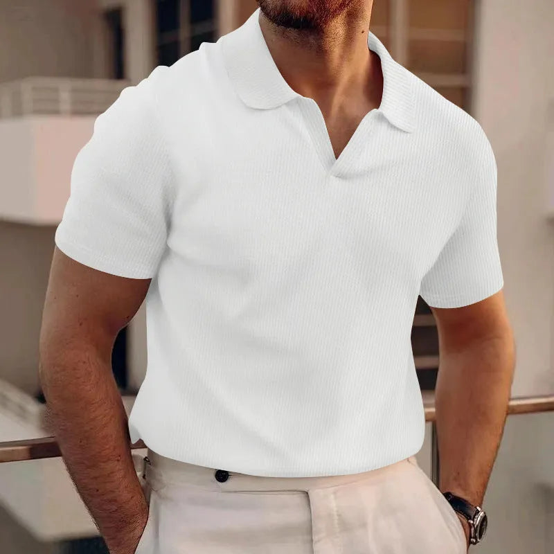 Men's lapel collar waffle knit T-shirt in slim fit, shown in a solid colour.