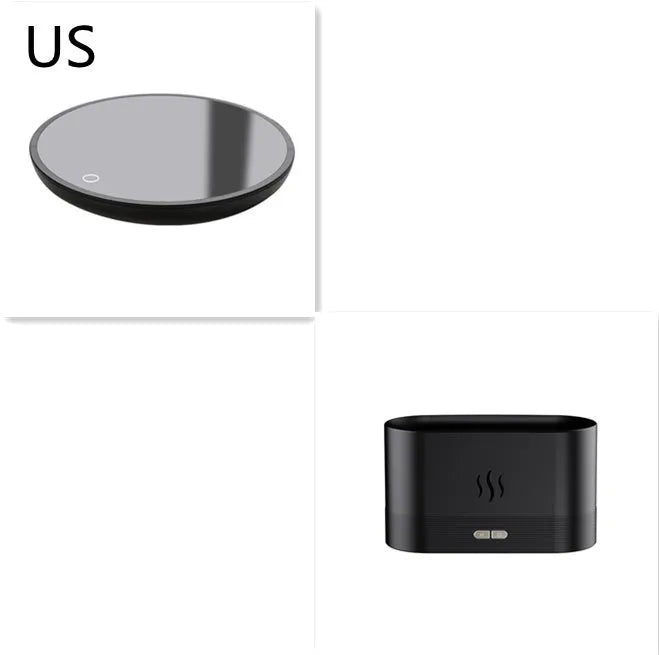 Square black aroma diffuser with flame light effect and mist output, 75x75x137mm