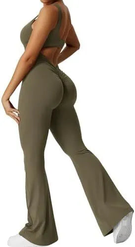 Women's sleeveless flare jumpsuit for yoga in high elasticity polyester fabric.