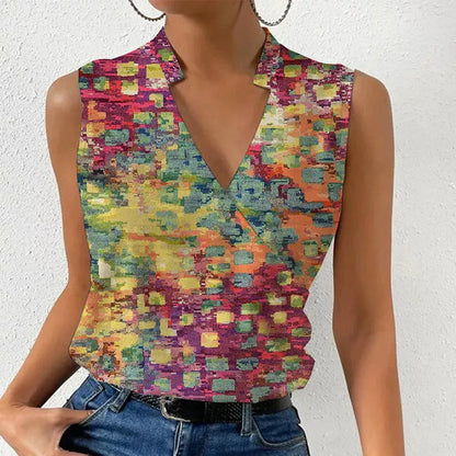 Women's sleeveless V-neck t-shirt with digital printing in various colors