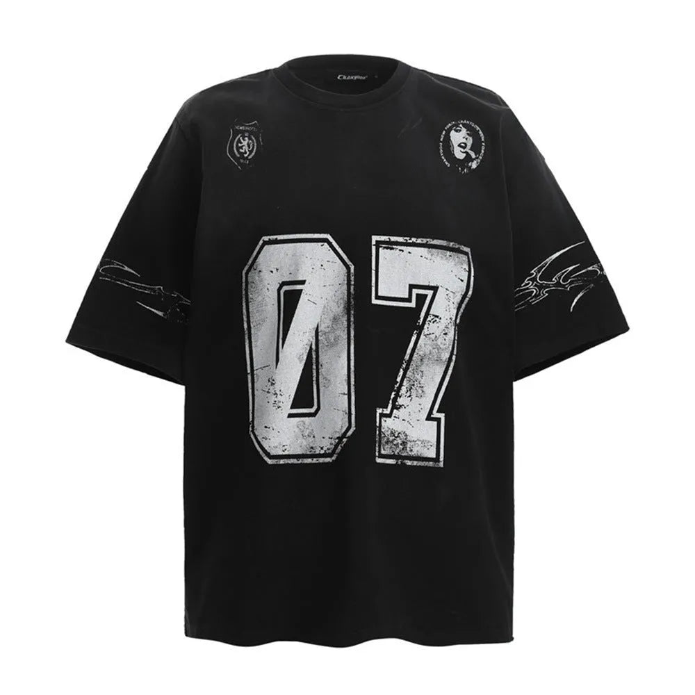 Men's black and white pure cotton short-sleeved printed t-shirt on a hanger.