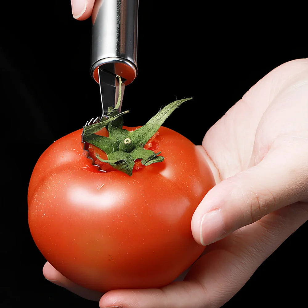 Stainless steel strawberry stem remover tool with 15cm length and 1.5cm coring tip