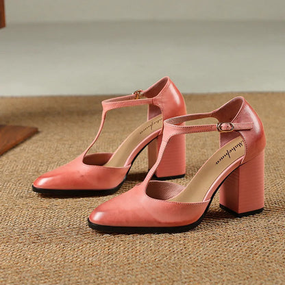 Retro pointed toe Mary Jane women's shoes with a buckle, in pink and dark brown cowhide.