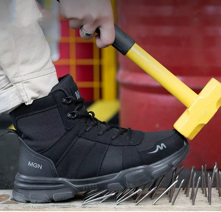 High-top protective shoes with steel toe and anti-puncture sole in black and beige