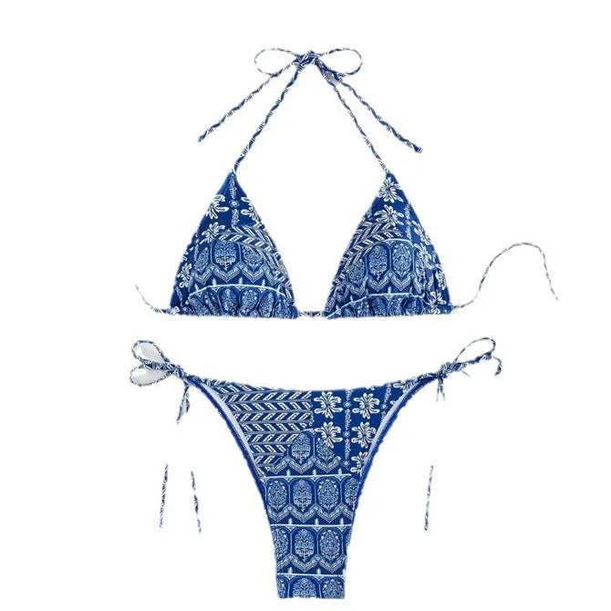 Women's bandage swimsuit with split bikini printing and stitching detail in polyester fabric