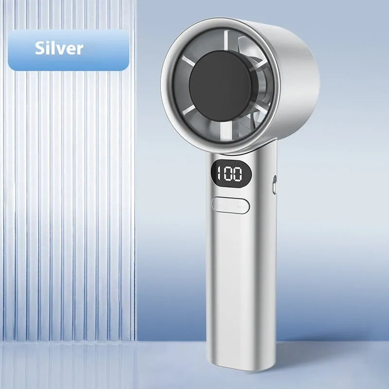 Handheld fan with 120-speed control, USB port, and 1800 mAh battery in choice of colours