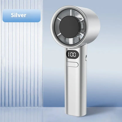Handheld fan with 120-speed control, USB port, and 1800 mAh battery in choice of colours