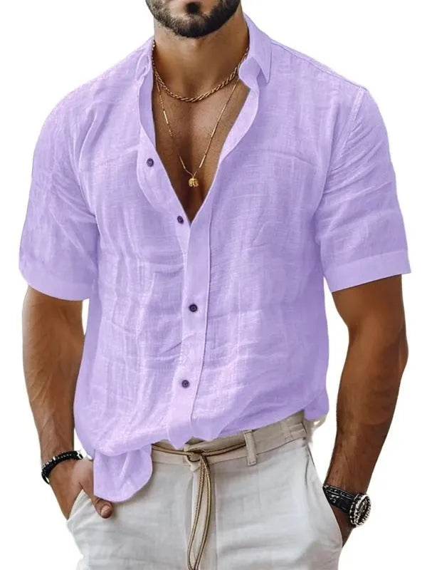Men's short sleeve lapel shirt in cotton linen blend available in multiple solid colours