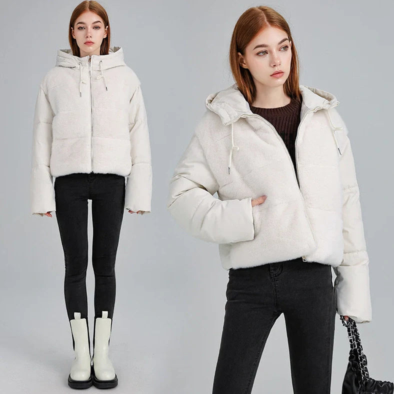 High-waisted feather down plush short jacket with 3D pattern in loose fit