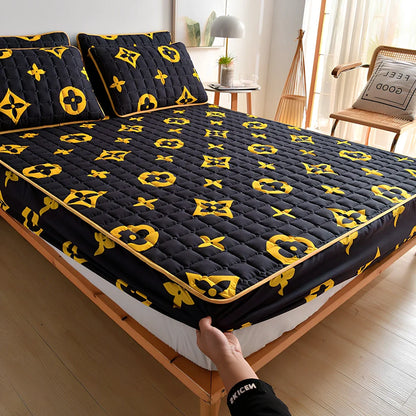 Mattress cover dust cover with brushed weave texture shown on bed, includes bed cover and pillowcase