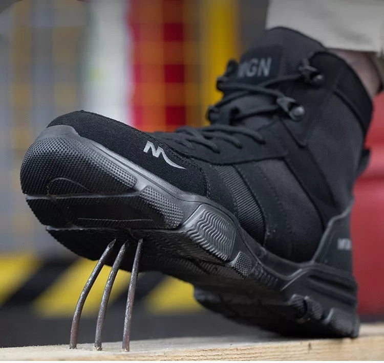 High-top protective shoes with steel toe and anti-puncture sole in black and beige
