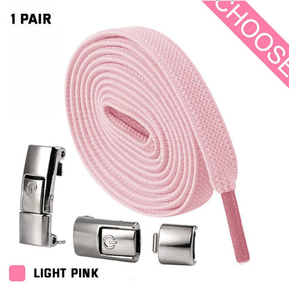 A pair of black widened flat elastic shoelaces with a silver press lock buckle on a white background.