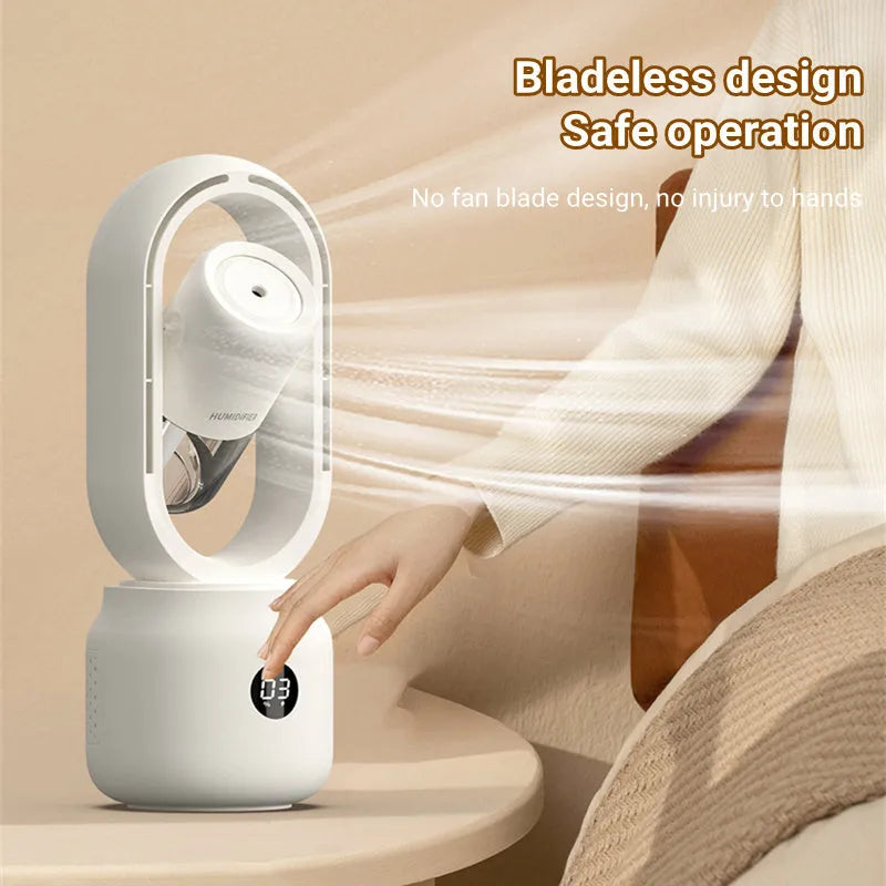 White bladeless portable table fan with humidifier tank on a wooden desk.