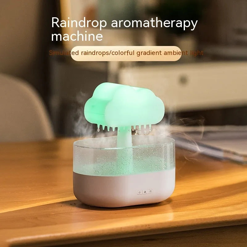 White rain cloud shaped humidifier with LED lighting and water droplet effect