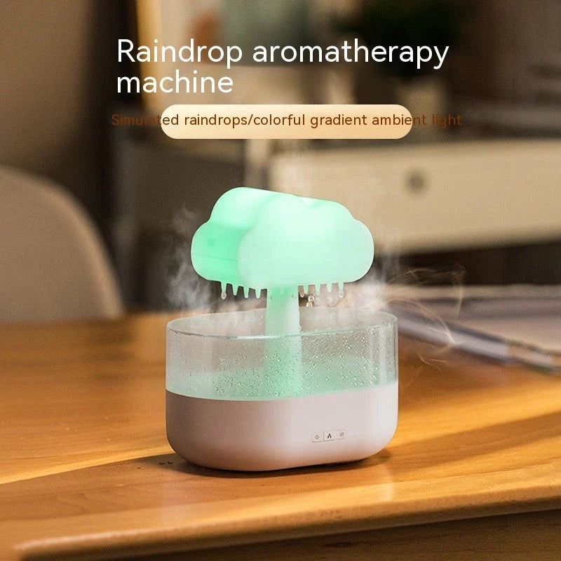 Soothing cloud-shaped humidifier with raindrop lights, aromatherapy diffuser, and sleep-promoting functions for a tranquil ambiance
