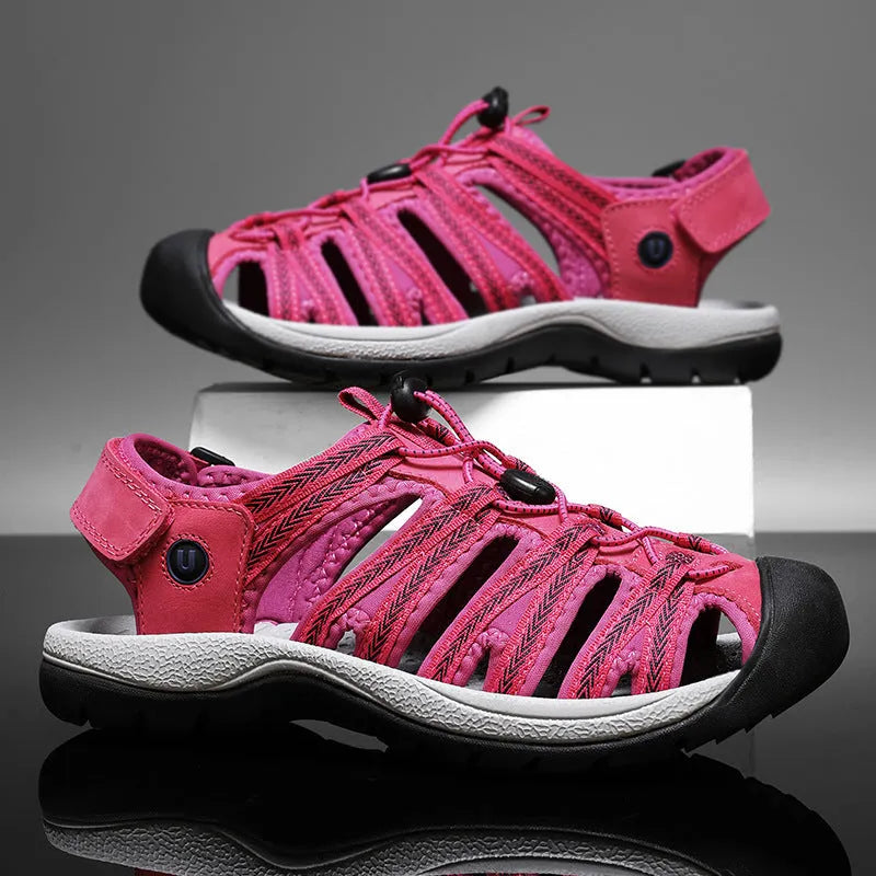 Women's plus size sandals with wide toe box elastic band casual beach shoes leather mesh upper rubber sole available in sizes 36-42 in colours including black grey pink and rose red