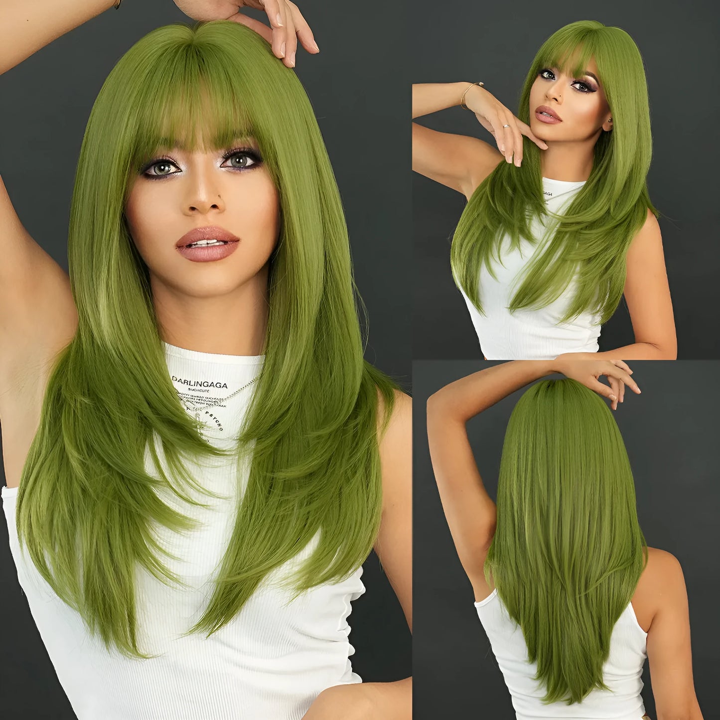 Long straight vanilla green synthetic women's wig measuring 63cm with a fringe