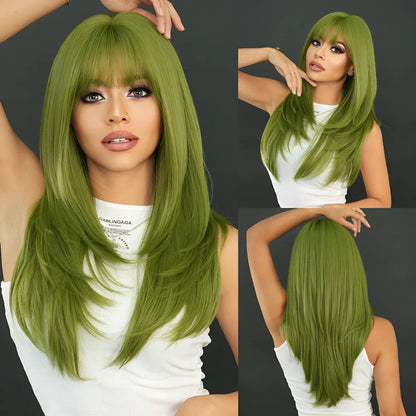 Long straight vanilla green synthetic women's wig measuring 63cm with a fringe