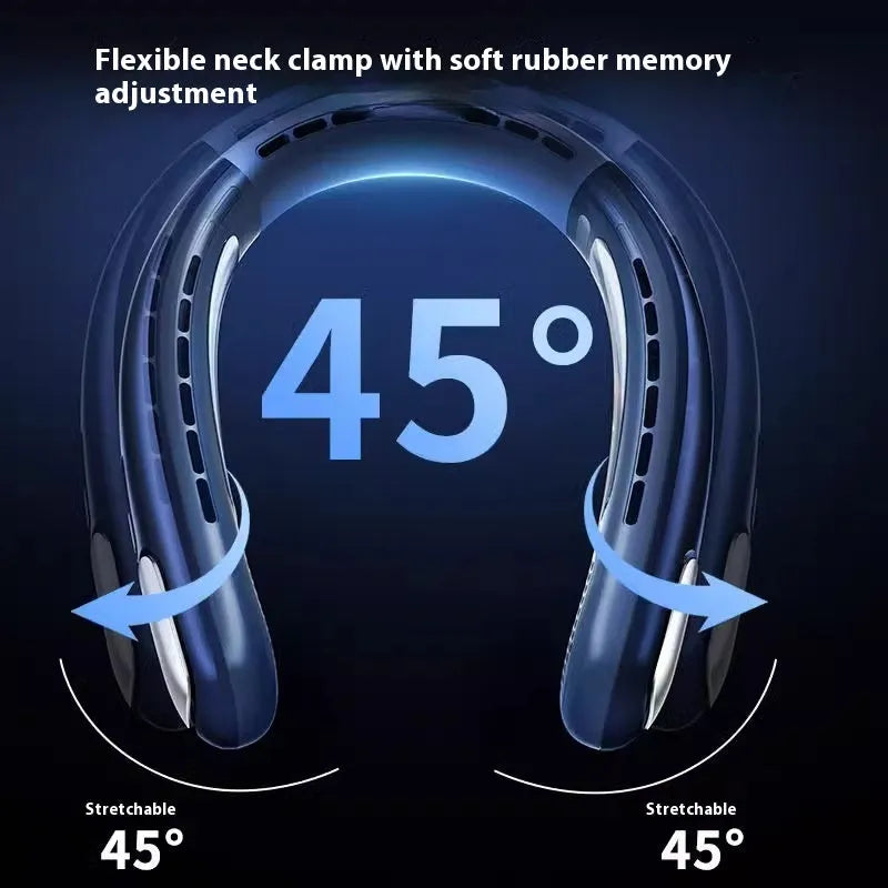 USB rechargeable neck fan in Pearl White or Glacier Blue with three speed settings and quiet under 36dB operation.