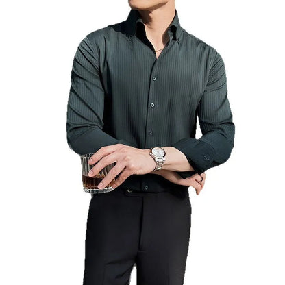 Men's dark stripes V-neck long sleeve cardigan shirt in regular fit for spring and autumn leisure wear