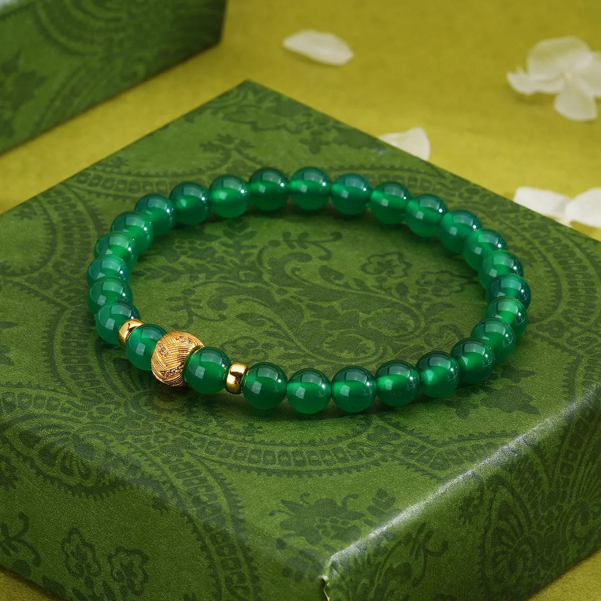 Green agate 6mm beaded bracelet with S925 sterling silver and yellow gold electroplated retro geometric design.