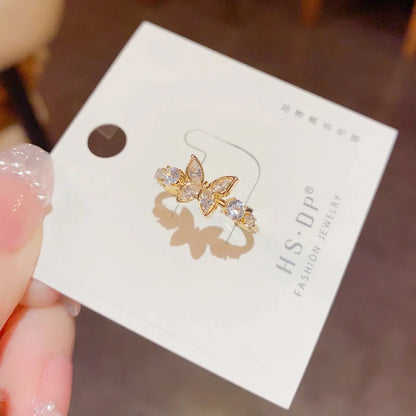 Gold plated diamond inlaid butterfly ring for women, adjustable size, elegant design