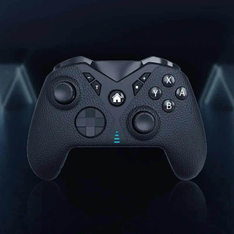 Black wireless game controller with leather-textured ABS plastic body, showing dimensions and Type-C port