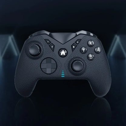 Black wireless game controller with leather-textured ABS plastic body, showing dimensions and Type-C port