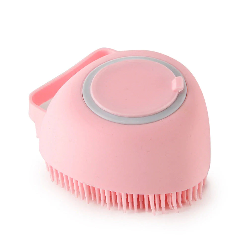 Silicone pet bath brush with shampoo dispenser, designed for gentle grooming and soothing massage