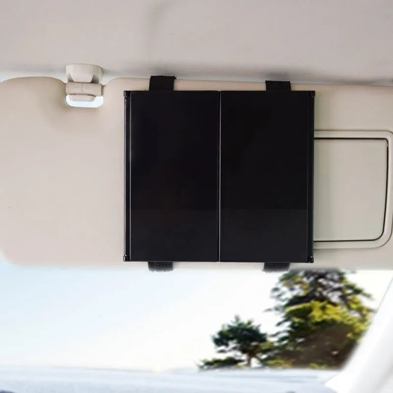 Silver car folding makeup mirror showing folded and opened positions with 30.5cm width