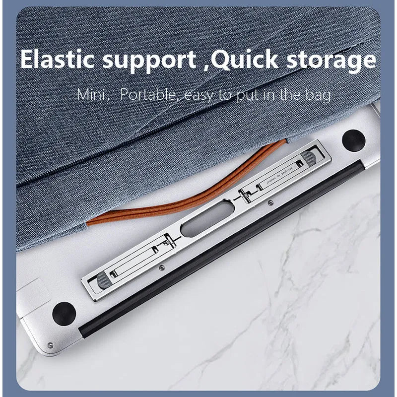 Silver aluminium laptop cooling bracket with adjustable height on wooden desk