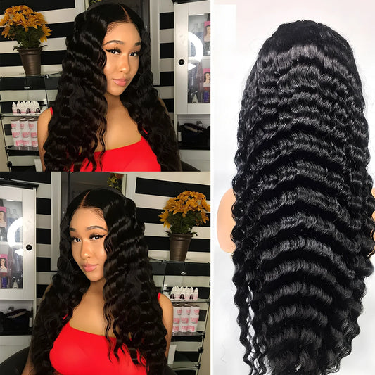 Deep wave human hair lace frontal wig showing natural hairline and wave texture