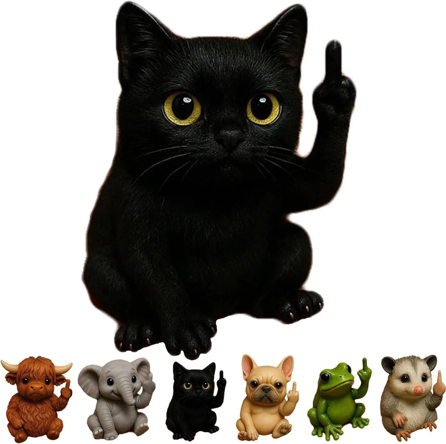 Mini resin animal doll with middle finger gesture, 6-7cm tall, in cat, dog, elephant, frog, Highland cattle, mouse, or turtle design