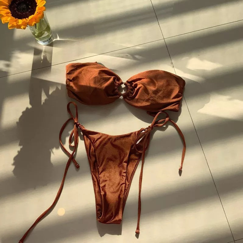 Solid Color Split Ladies Tube Top Bikini in red coffee, featuring a tube top design without steel support.