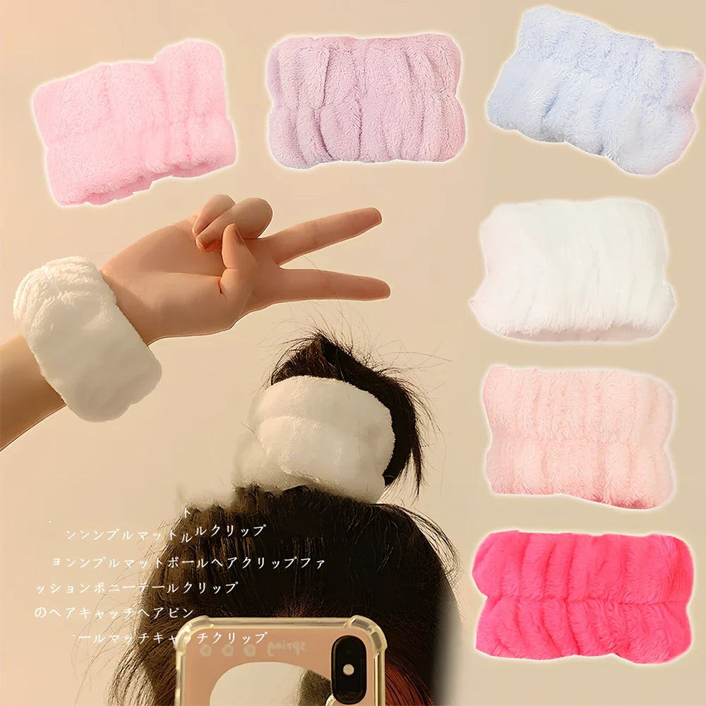 Coral velvet wrist washband with elastic band for facial cleansing, grey colour option shown