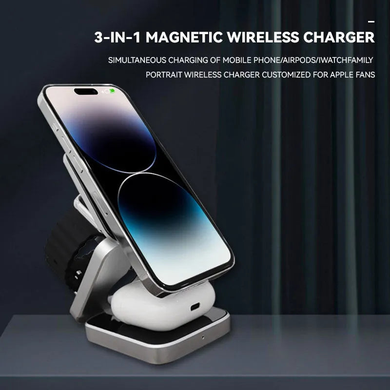 Folding three-in-one wireless charging bracket for desktop with Apple, Samsung and Google Pixel Watch support