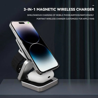 Folding three-in-one wireless charging bracket for desktop with Apple, Samsung and Google Pixel Watch support