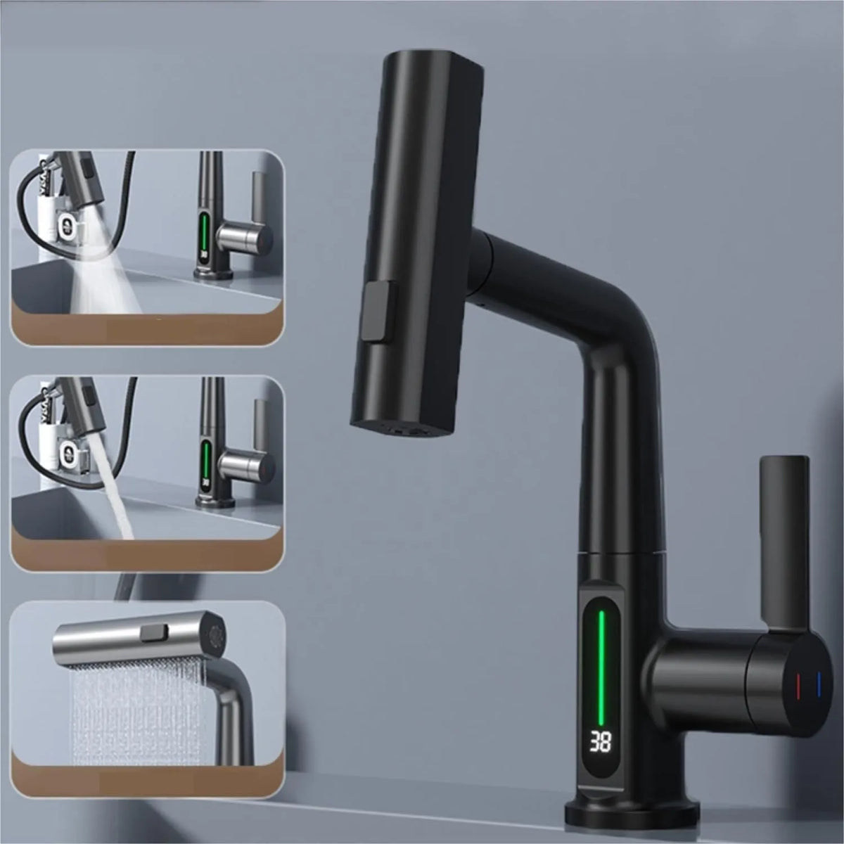 Modern digital display kitchen tap with pull-out spray hose showing LED temperature screen.