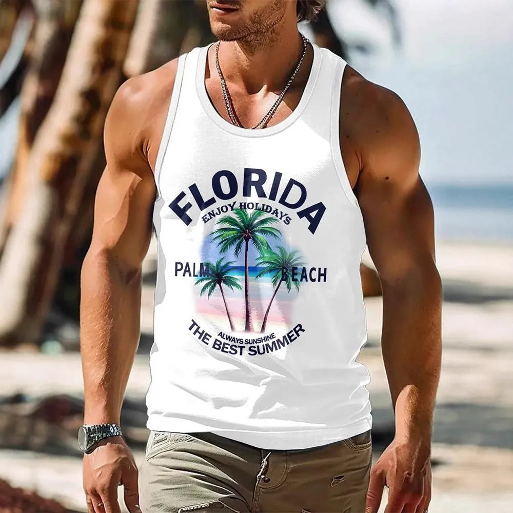 Men's solid colour Hawaiian-style sleeveless vest with 3D printed design in polyester fabric