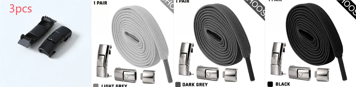 A pair of black widened flat elastic shoelaces with a silver press lock buckle on a white background.