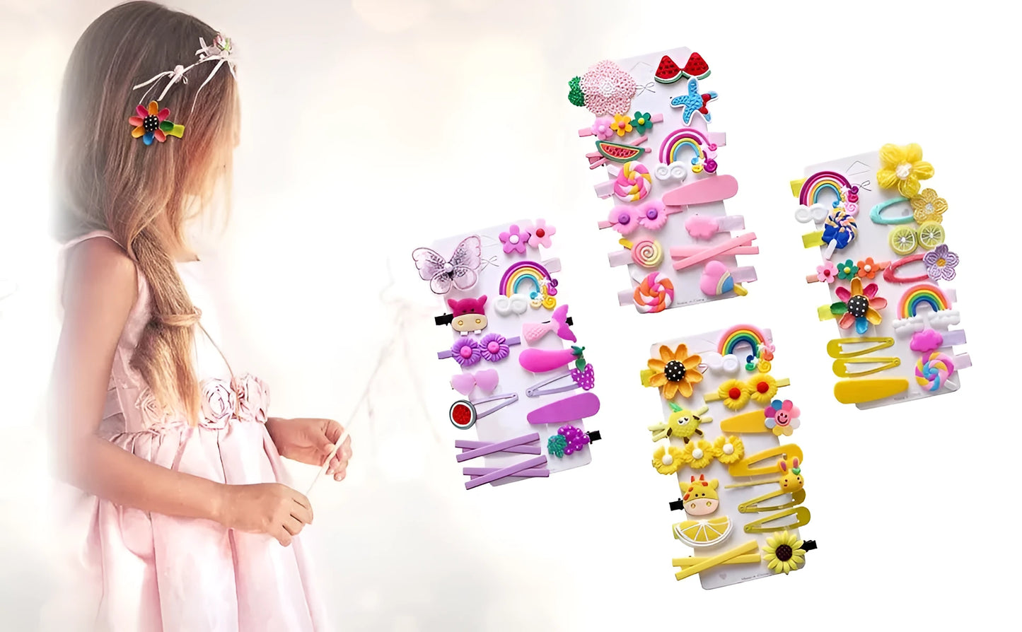 14-piece toddler hair accessories set showing colourful candy rainbow barrettes, fruit clips, and butterfly hair pins